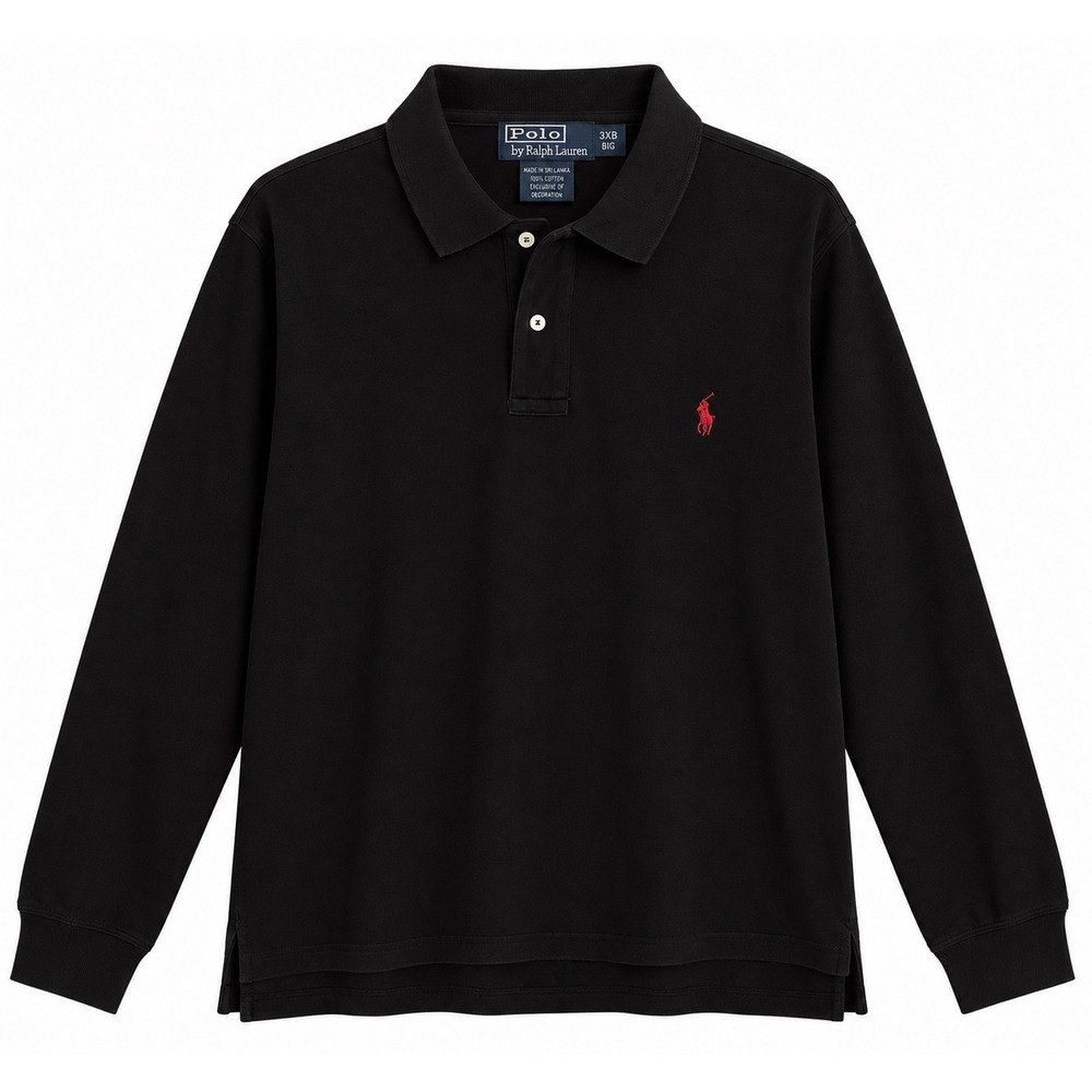 Polo Ralph Lauren Mens 3XB Big Tall Black Long Sleeve Polo Red Pony Cotton Pique